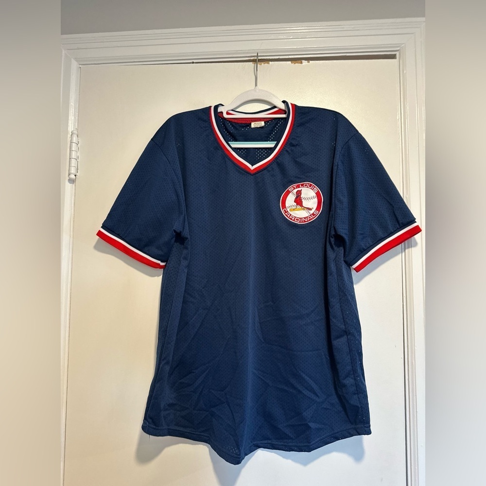 VTG  90s St. Louis Cardinals Sz: XL navy blue mesh baseball jersey logo patch.